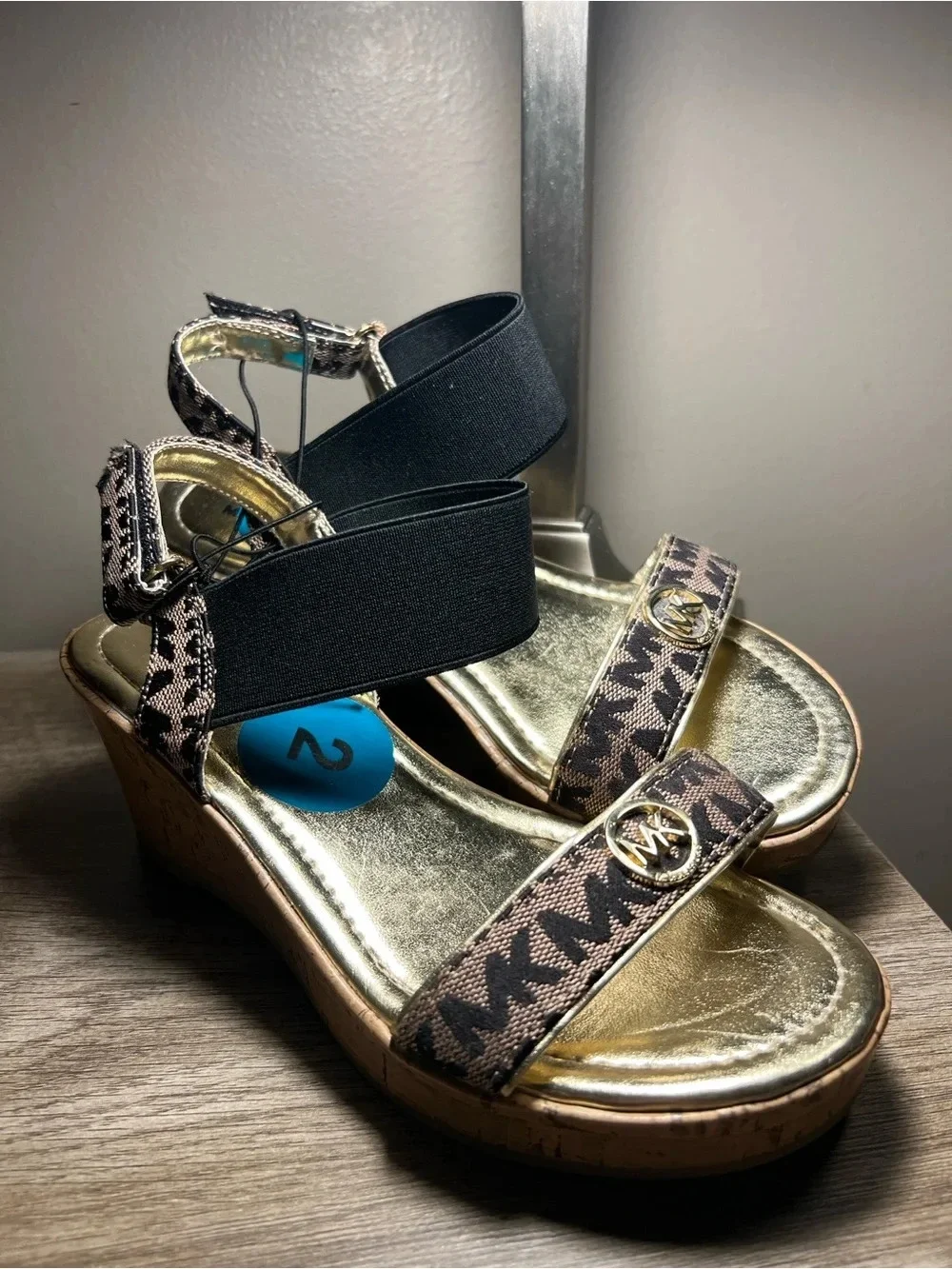 Michael Kors Gold Metallic Footbed Brown Logo Strap Sandals